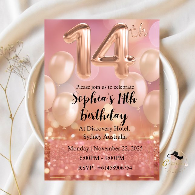 Rose Gold Pink 14. Geburtstag Einladungen für Mädc (Von Creator hochgeladen)