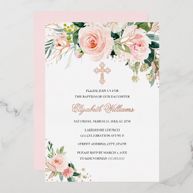 Rose Gold Pink Aquarell Florentiner Taufe Folieneinladung (Vorderseite/Rückseite)