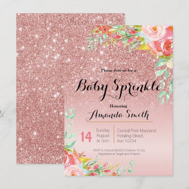 Rose Gold Pink Baby Sprinkle Einladung Florenz (Vorne/Hinten)