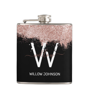 Rose Gold Pink Black Girl Glitzer Dust Monogram Flachmann