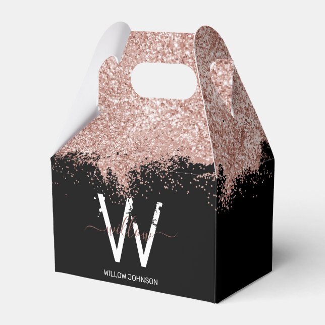 Rose Gold Pink Black Girl Glitzer Dust Monogram Geschenkschachtel (Vorderseite)