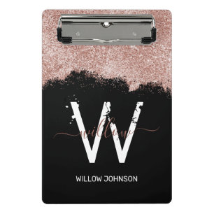 Rose Gold Pink Black Girl Glitzer Dust Monogram Mini Klemmbrett