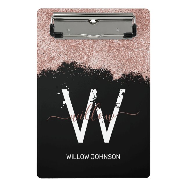 Rose Gold Pink Black Girl Glitzer Dust Monogram Mini Klemmbrett (Vorderseite)