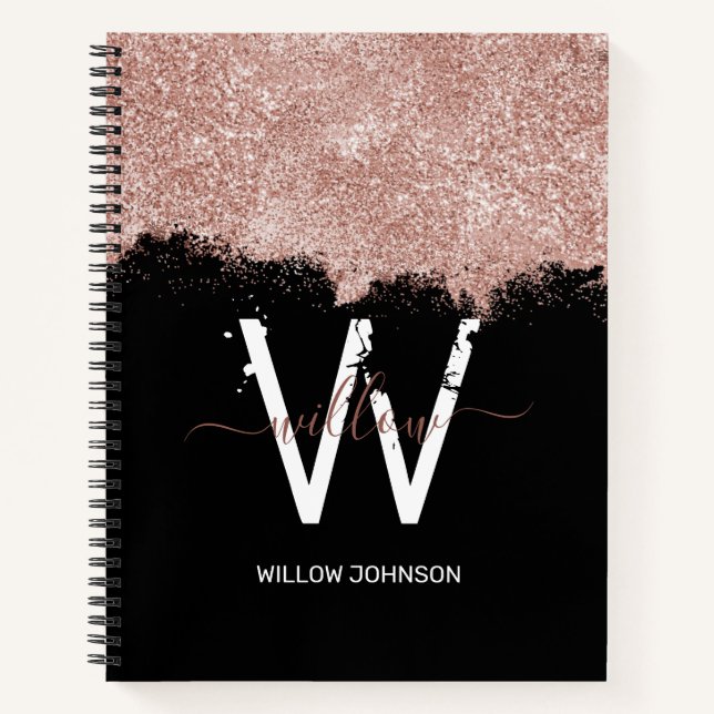 Rose Gold Pink Black Girl Glitzer Dust Monogram Notizbuch (Vorderseite)