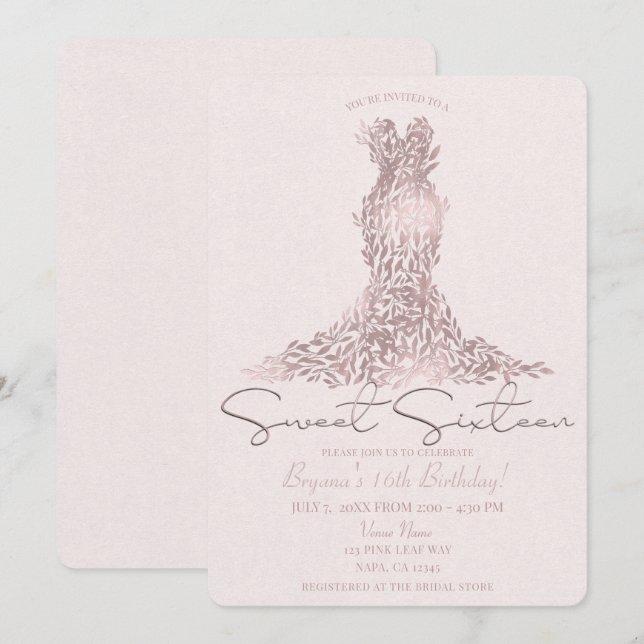 Rose Gold Pink Blätter Glam Dress Sweet 16 Party Einladung (Vorne/Hinten)
