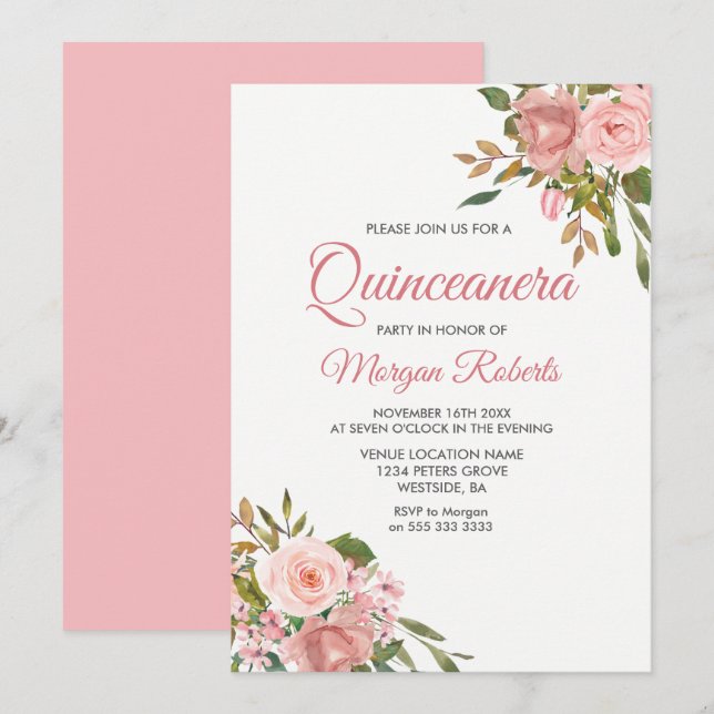 Rose Gold & Pink Blume Quinceanera Party Einladung (Vorne/Hinten)