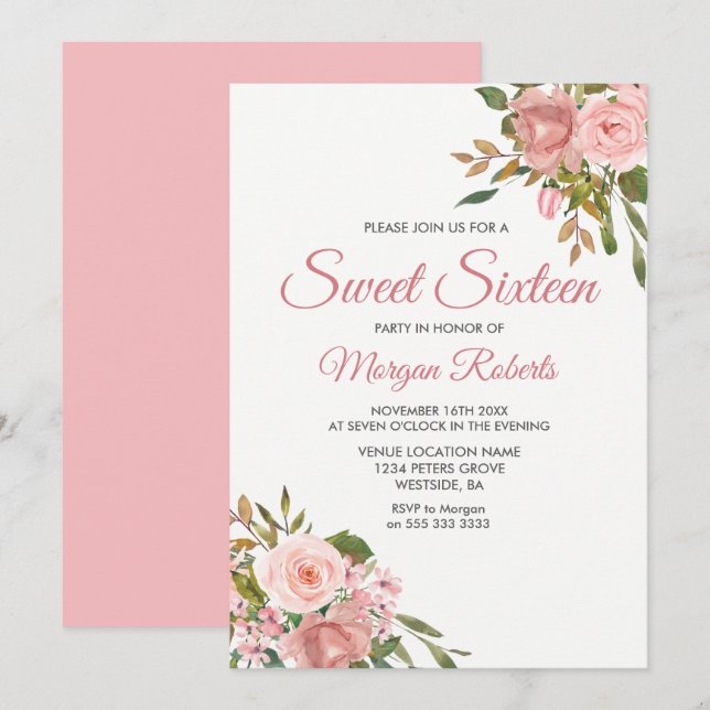 Rose Gold & Pink Blume Sweet 16 Party Einladung (Vorne/Hinten)