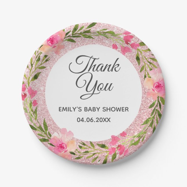 Rose Gold Pink Blumenstrauß Danke Baby Dusche Pappteller (Vorderseite)