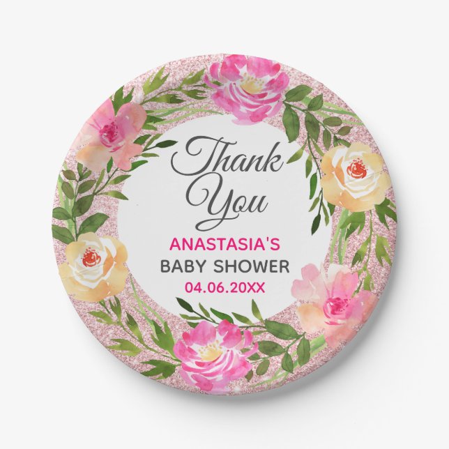 Rose Gold Pink Blumenstrauß Danke Baby Dusche Pappteller (Vorderseite)