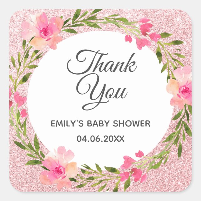 Rose Gold Pink Blumenstrauß Danke Baby Dusche Quadratischer Aufkleber (Vorderseite)