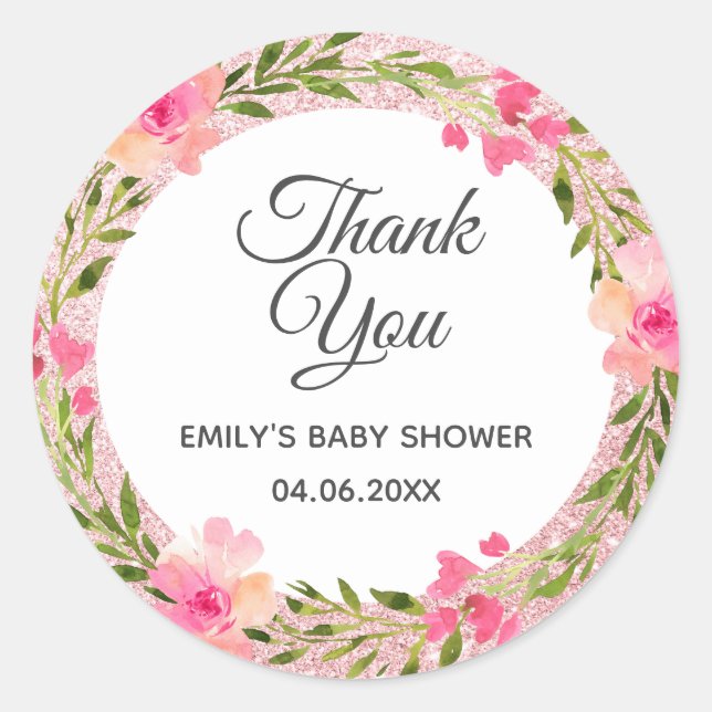 Rose Gold Pink Blumenstrauß Danke Baby Dusche Runder Aufkleber (Vorderseite)