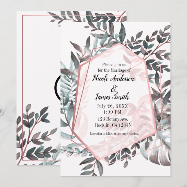 Rose Gold Pink Blush Botanische Hochzeit Einladung (Vorne/Hinten)