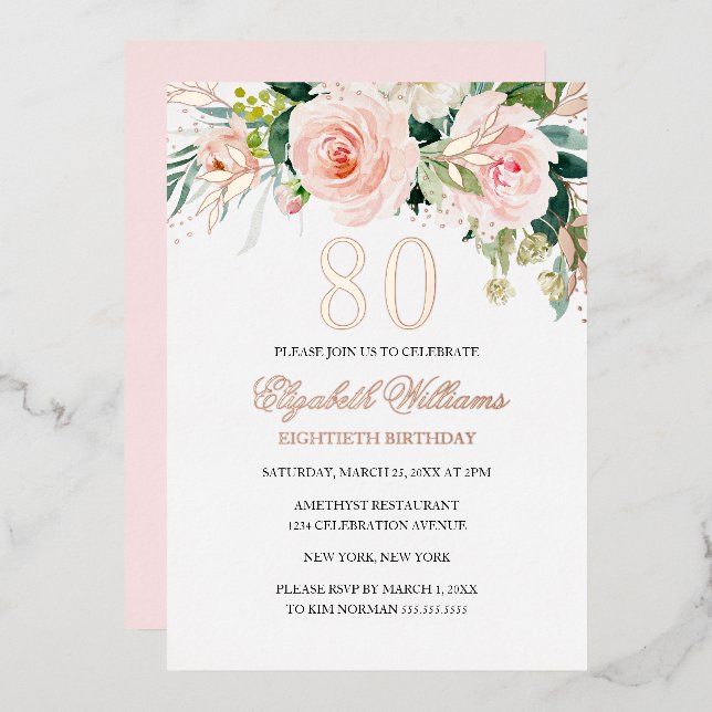 Rose Gold Pink Blush Invitation de 80e anniversair (Recto/Verso)