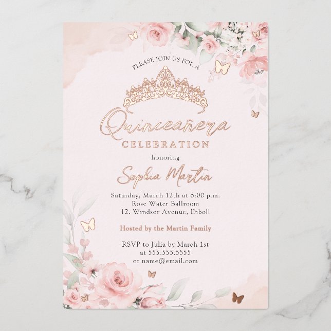 Rose Gold Pink Blütenschmetterling Quinceanera Folieneinladung (Vorderseite)