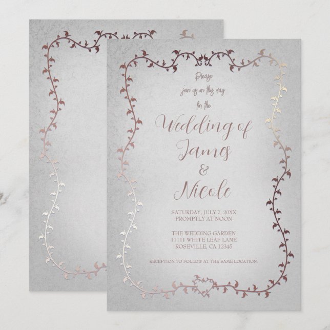 Rose Gold Pink Botanische Blätter Storybook Hochze Einladung (Vorne/Hinten)