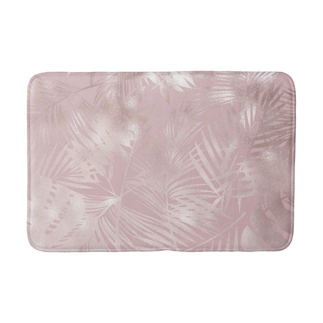 Rose Gold Pink Botanische tropische Palmen Blätter Badematte (Vorderseite)