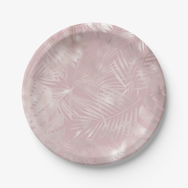 Rose Gold Pink Botanische tropische Palmen Blätter Pappteller (Vorderseite)