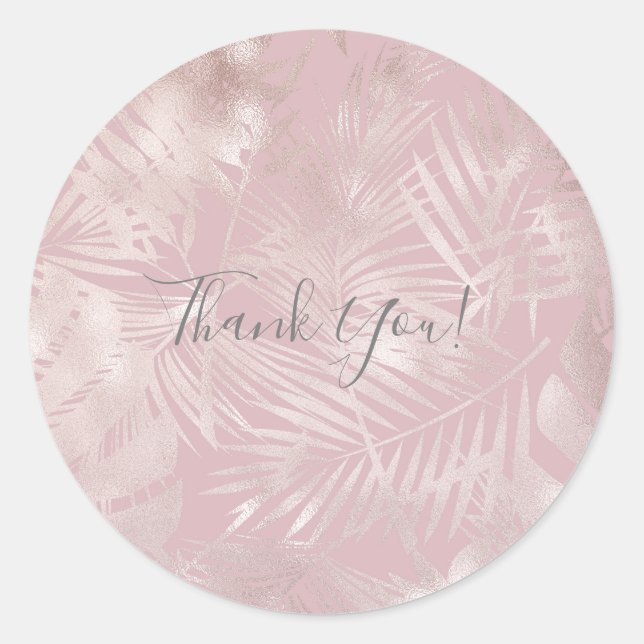 Rose Gold Pink Botanische tropische Palmen Blätter Runder Aufkleber (Vorderseite)