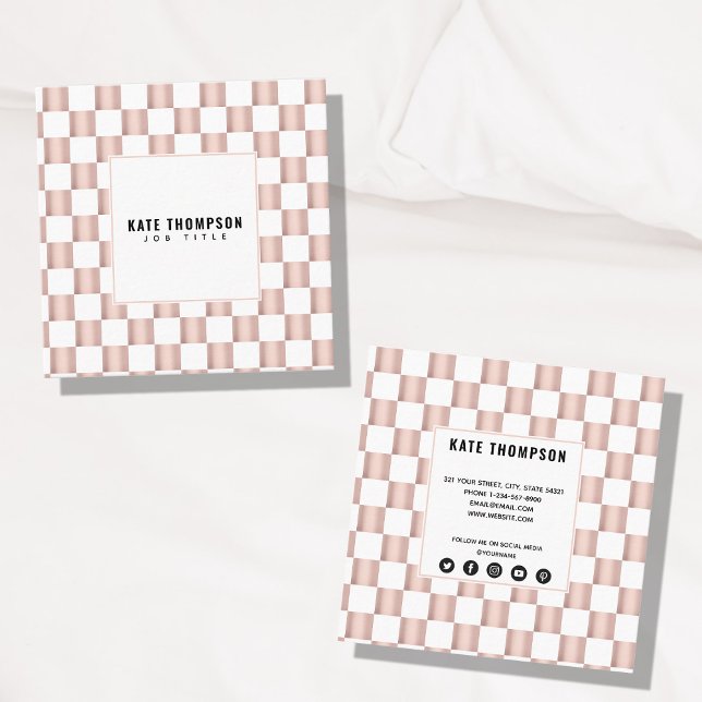 Rose Gold Pink Checkerboard Muster Social Media Quadratische Visitenkarte (Von Creator hochgeladen)