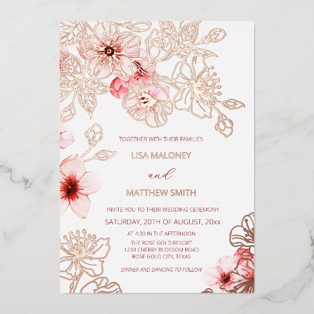 Rose Gold Pink Cherry Blossom | Photo Wedding Folieneinladung (Vorderseite)