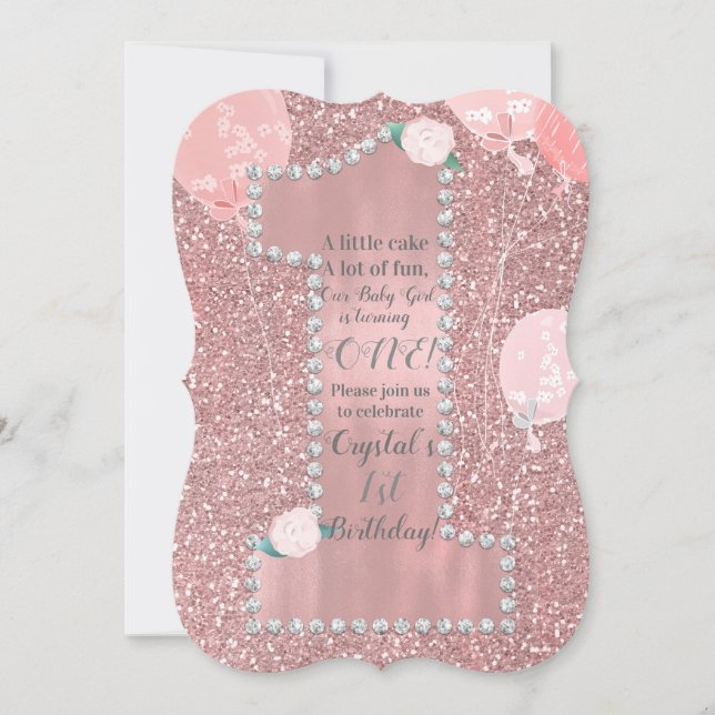 Rose Gold Pink & Diamonds 1. Geburtstag Party Einladung (Vorderseite)
