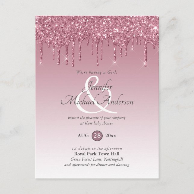 Rose Gold Pink Dripping Glitzer Baby Girl Dusche Postkarte (Vorderseite)