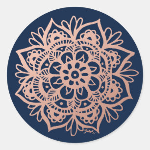 Rose Gold Pink Dunkelblau Mandala-Blume Runder Aufkleber