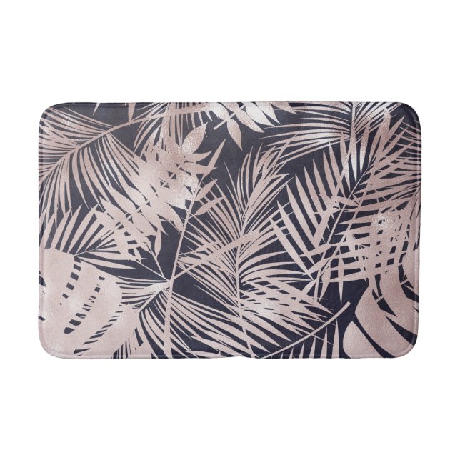 Rose Gold Pink Dunkelrosa Tropenpalmenbaum Blätter Badematte (Vorderseite)