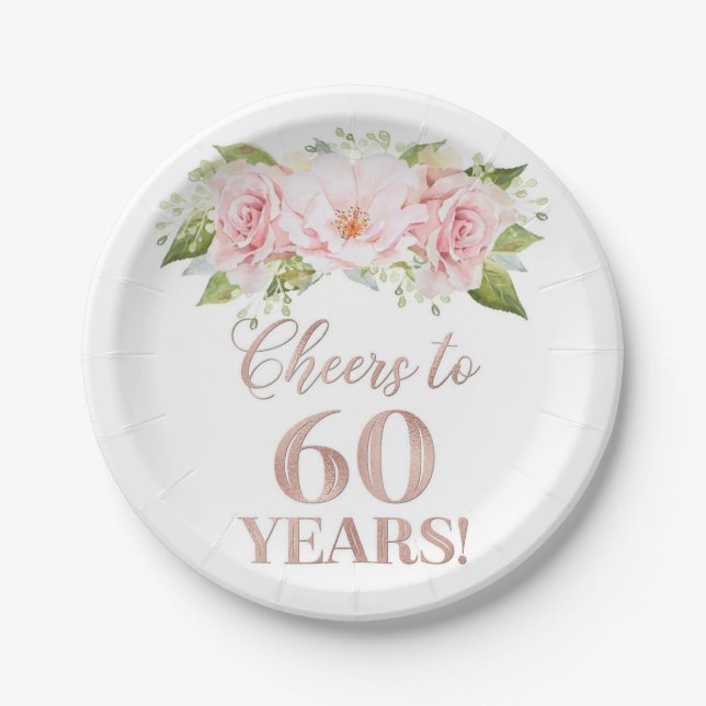 Rose Gold Pink Floral Cheers bis 60 Jahre Geburtst Pappteller (Vorderseite)