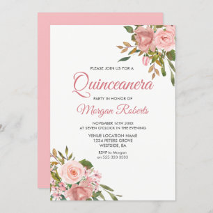 Rose Gold & Pink Flowers Quinceanera Invitation du
