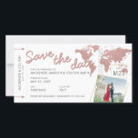 Rose Gold Pink Flugzeug Ticket Zieldatum Gerettet<br><div class="desc">Rose Gold Pink und Trendy Deep Mauve Hochzeit in Urlaubsort Save the Date Card,  die wie ein Boarding Pass oder Flugzeug Ticket mit Platz für 2 Fotos von Ihrer Reise zusammen aussieht.</div>