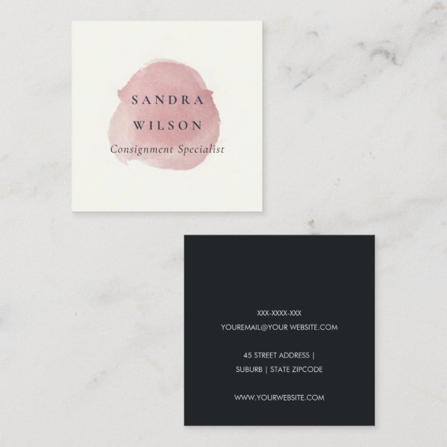 ROSE GOLD PINK FOIL BLACK BRUSH STROKE MODERN QUADRATISCHE VISITENKARTE (Vorne/Hinten)