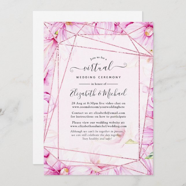 Rose Gold & Pink Geometric Virtual Wedding Einladung (Vorne/Hinten)