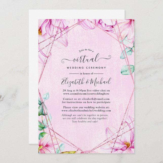 Rose Gold & Pink Geometric Virtual Wedding Einladung (Vorne/Hinten)