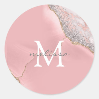 Rose Gold Pink Girly Monogram Name Marble Glitzer Runder Aufkleber