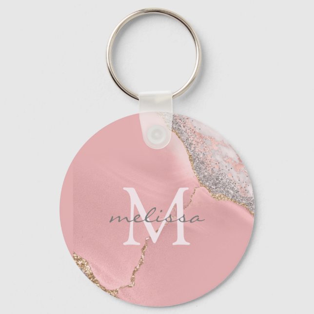 Rose Gold Pink Girly Monogram Name Marble Glitzer Schlüsselanhänger (Vorderseite)