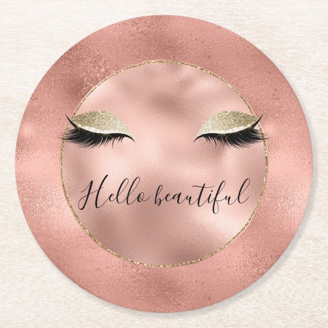 Rose Gold Pink Glam Glitzy Black Eyelashes Runder Pappuntersetzer (Vorderseite)