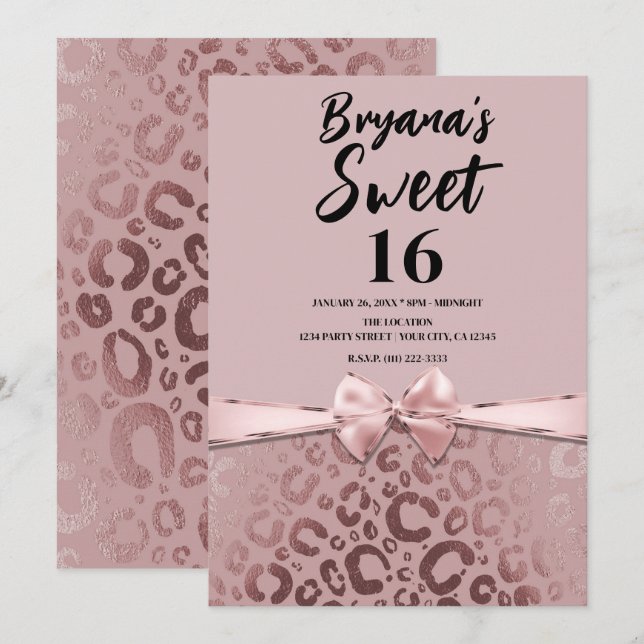 Rose Gold Pink Glam Leopard Print Sweet 16 Einladung (Vorne/Hinten)