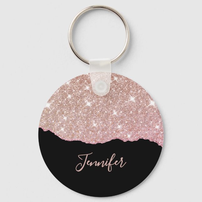 Rose Gold Pink Glitzer Agate Individuelle Name Mon Schlüsselanhänger (Vorderseite)