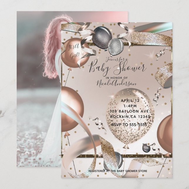 Rose Gold Pink Glitzer Balloons Baby Dusche Foto Einladung (Vorne/Hinten)