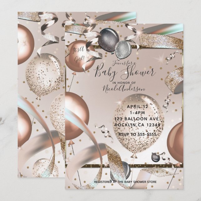 Rose Gold Pink Glitzer Balloons Babydusche Einladung (Vorne/Hinten)