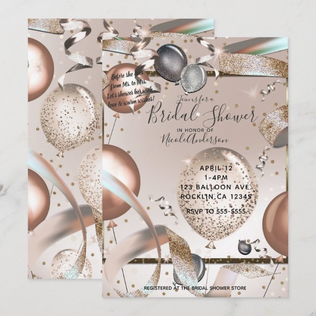 Rose Gold Pink Glitzer Balloons Brautparty Einladung (Vorne/Hinten)