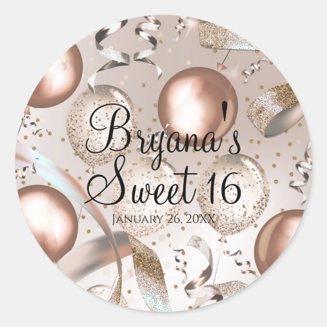 Rose Gold Pink & Glitzer Balloons Sweet 16 Party Runder Aufkleber (Vorderseite)