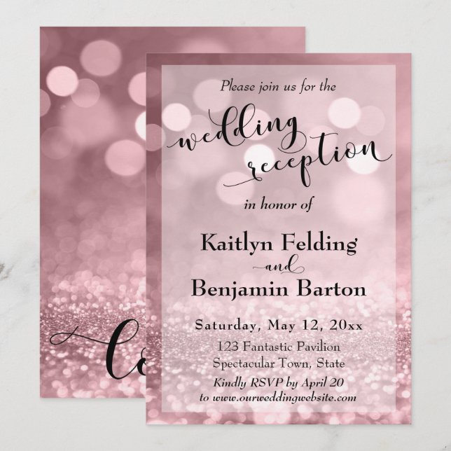 Rose Gold Pink Glitzer Bokeh Hochzeitsempfang Einladung (Vorne/Hinten)