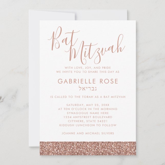Rose Gold Pink Glitzer Chic Minimal Bat Mitzvah Einladung (Vorderseite)