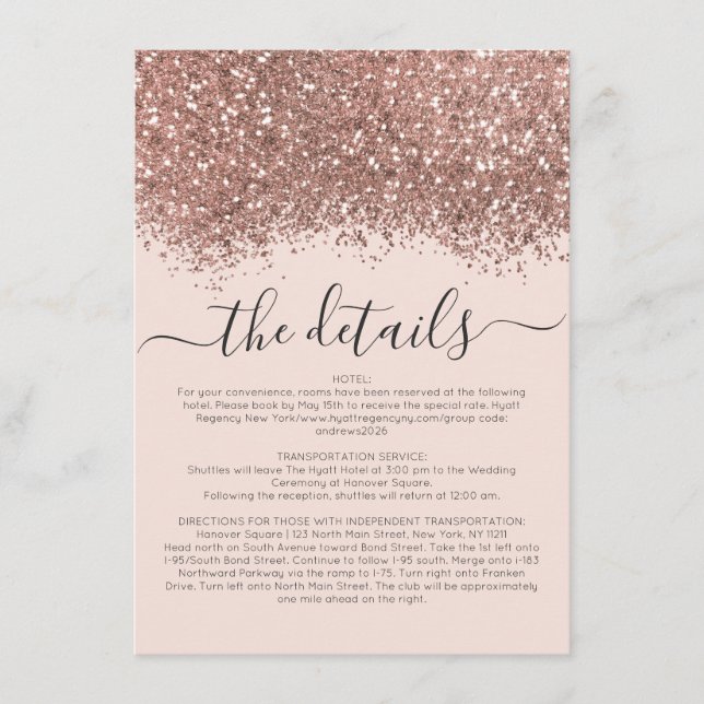 Rose Gold Pink Glitzer Confetti Hochzeit Details Begleitkarte (Vorderseite)