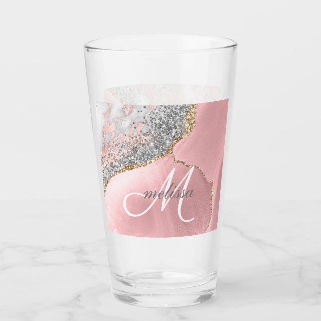 Rose Gold Pink Glitzer Marble Monogram Name Script Glas (Vorderseite)