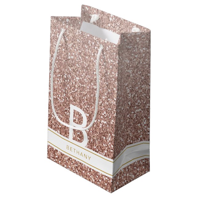 Rose Gold Pink Glitzer Modernes Monogramm Gefallen Kleine Geschenktüte (Rückseite Schrägansicht)