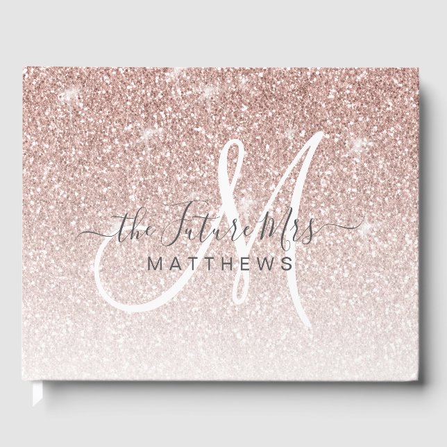 Rose Gold Pink Glitzer Monogram Name Future Mrs. Gästebuch (Vorderseite)