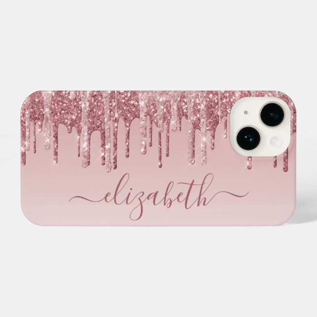Rose Gold Pink Glitzer Personalisiert iPhone 14 Hülle (Rückseite (Horizontal))